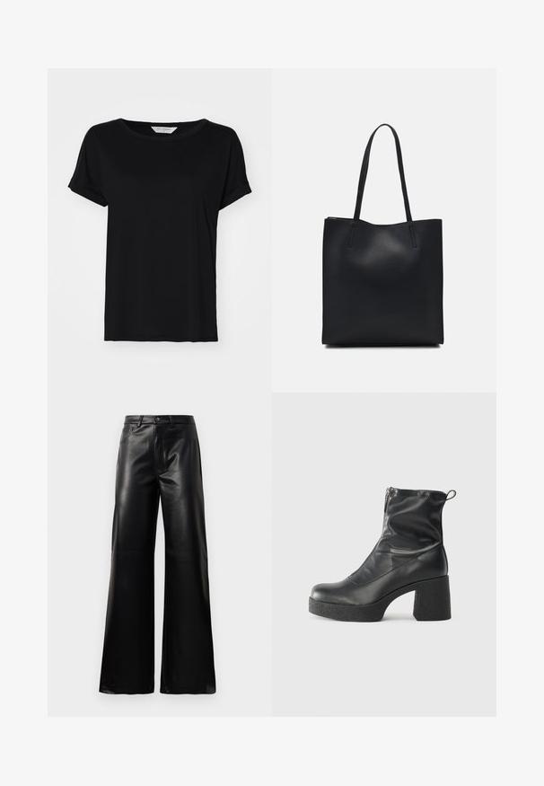 Melnas īsām piedurknēm T-krekls, izgatavots no mīkstas auduma, ar apaļu apkakli un brīvu piegriezumu, ar ieliktām šuvēm apakšmalā.; Melnas augstās jostas platajās kājās sintētiskās ādas bikses ar priekšējo pogu, rāvējslēdzēju, jostas cilpām un sānu kabatām uz baltā fona.; Melni potītes zābaki, kas izgatavoti no gludas ādas, ar sānu rāvējslēdzēju, masīvu strukturētu papēdi un noapaļotu purngalu.; Melnas ādas somiņa ar gludu tekstūru, taisnstūra formu un divām garām rokturiem. Nav redzamu aparatūras vai rotājumu.