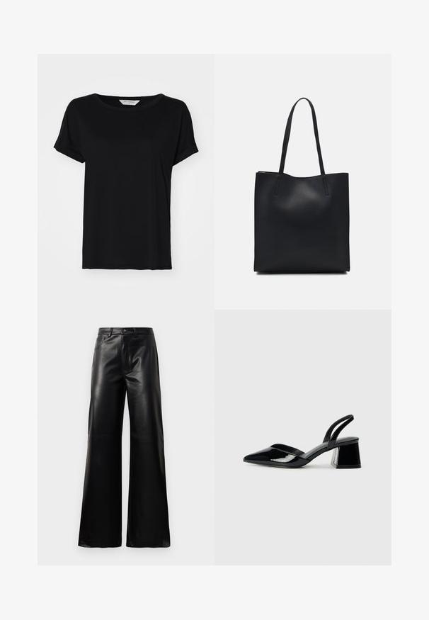 Czarny t-shirt z krótkim rękawem wykonany z miękkiej tkaniny, z okrągłym dekoltem i luźnym krojem, z przeszyciami na brzegu.; Czarne, wysokie na talii, szerokie spodnie z sztucznej skóry z guzikami z przodu, zapięciem na zamek, szlufkami na pasek i bocznymi kieszeniami na białym tle.; Czarne lakierowane półbuty na obcasie z wydłużonym noskiem i geometrycznym słupkiem. Charakteryzują się eleganckim, minimalistycznym designem oraz gładką fakturą.; Czarna skórzana torba tote o gładkiej fakturze, prostokątnym kształcie i dwóch długich uchwytach. Brak widocznych elementów metalowych i ozdób.