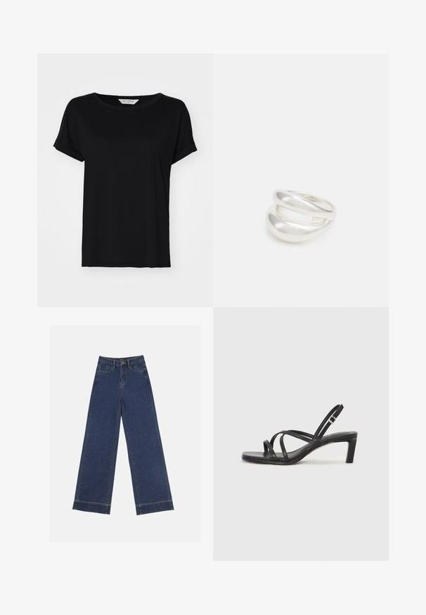 Zwarte kortekorte mouw t-shirt van zachte stof, met een ronde halslijn en een relaxte pasvorm, met gestikte zoomdetails.; Wide-leg jeans in donkerblauwe denim. Voorzien van vijf zakken, riemlussen en een rauwe zoom onderaan met zichtbare stikseldetails.; Zwarte sandaal met bandjes, vierkante teen en een lage blokhak. Voorzien van meerdere dunne bandjes en een verstelbare enkelband. Gemaakt van zacht leer.; Zilveren dubbele ring met een gladde, gepolijste oppervlakte. Heeft een vloeiende, gebogen vorm met overlappende secties voor een moderne uitstraling.