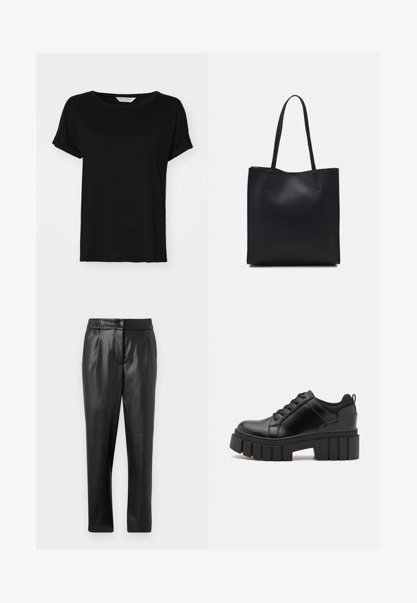 T-shirt preta de manga curta feita de tecido suave, com decote redondo e corte descontraído, apresentando detalhes de bainha costurada.; Calças de couro pretas com uma textura suave, corte reto, cintura elástica e fecho com botão na frente; detalhe plissado e pernas afuniladas.; Sapatos de plataforma em couro preto com um salto bloco robusto, bico redondo e design clássico de atacadores. Apresentam uma textura suave e detalhes mínimos.; Bolsa tote preta em couro com textura lisa, forma retangular e duas alças longas. Sem hardware ou enfeites visíveis.