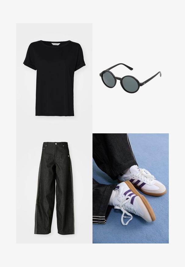 Black short-sleeve t-shirt made of soft fabric, featuring a round neckline and a relaxed fit, with stitched hem detailing.; Black denim wide-leg pants with white side stripes, featuring front pockets, a button-up fly, and a subtle logo near the waistband.; White athletic shoes with purple stripes and brown rubber soles, featuring round laces and a padded collar. Worn with dark denim pants.; Round sunglasses with a black plastic frame and dark gray lenses. Features thin, straight arms with minimalist accents.