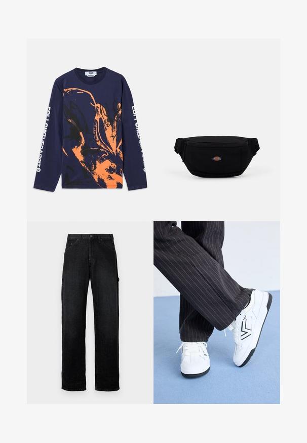 Tumed pikkade varrukatega T-särk, mis on valmistatud puuvillast ja millel on oranž ja must abstraktne muster. Varruka peal on tekst "JÄLGI JÄNEST."; Mustad teksased sirge sääre kujundusega, millel on esimesed taskud, nupukinnitus ja küljetaskud ekstra hoiustamiseks.; Valged tennisjalanõud mustade aktsentidega ja geomeetrilise kujundusega. Paigutatud sinisele pinnale, koos tumejooneliste pükstega.; Mustru mustriga vöökott, millel on luku sulgemine ja väike bränditud logo ees. Kompaktne, ümardatud disain, millel on reguleeritavad rihmad.