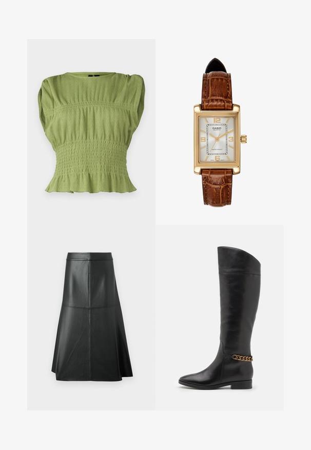 Roheline, lühikeste varrukatega särk, millel on tekstureeritud, kokku kootud vöökoht ja laienev hem. Omab ümmargust kaelaauku ja ribakujundust üle kogu särgi.; Must musta A-line seelik, sile tekstuur, põlvini pikkus, millel on horisontaalne õmblusdetail vööl ja õmblustes, et anda struktuuri.; Kõrged mustad nahast saapad, millel on stiilne disain, terav nina ja kuldne kett aktsent pahkluul. Madal plokk-konts. Sile tekstuur.; Casio kvartsikell, millel on ristkülikukujuline kullatooniline korpus, valge nägu, kullast o'clock-märgid ja pruuni nahast krokodillimustriga rihm. Veekindel.
