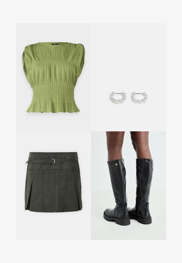 Zöld, rövid ujjú felső, texturált, ráncolt derékkal és bővülő szegéllyel. Kerek nyakkivágása van, és bordázott mintázattal rendelkezik.; Sötétzöld, pamut mini szoknya, formázott derékkal, övvel és elülső pliszékkel. Varrott részletekkel és klasszikus szabással rendelkezik.; Fekete, térd fölé érő bőr csizmák sima textúrával, lekerekített orral, vastag talppal és cipzáras záródással. Ezüst színű logó található az oldalon.; Ezüst karika fülbevalók, átlátszó, téglalap és háromszög alakú kristályokkal, mintás elrendezésben. Biztonságos rögzítést biztosító fülbevaló pálcikák.