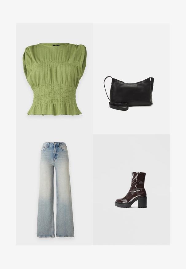 Zeleni top s kratkim rukavima, s teksturiranim, smotanim strukom i širim rubom. Ima okrugli izrez i rebrasti uzorak kroz cijeli komad.; Svijetloplave široke traperice od denima, s visokim strukom, pet džepova i vidljivim šavovima duž šavova.; Sjajna burgundska čizma do gležnja s debelim crnim potplatom, koja se odlikuje glatkom teksturom i jednostavnim dizajnom. Nema vidljivih kopčanja ili uzoraka.; Crna kožna torba na rame s glatkom teksturom, zakrivljenim oblikom, podesivim remenom i zatvaranjem na patentni zatvarač. Minimalistički dizajn bez ukrasa.