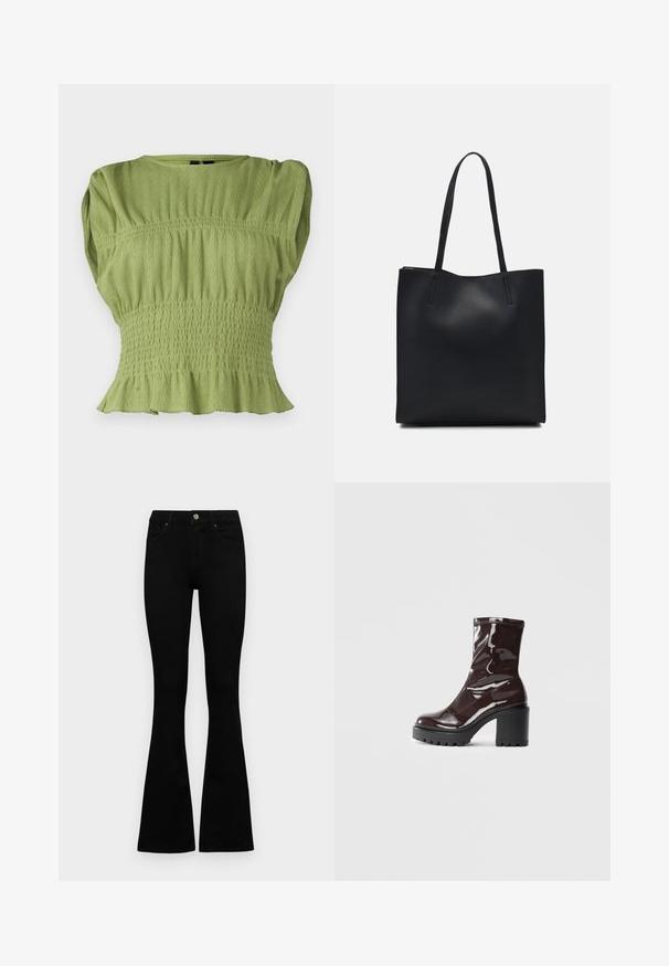 Zöld, rövid ujjú felső, texturált, ráncolt derékkal és bővülő szegéllyel. Kerek nyakkivágása van, és bordázott mintázattal rendelkezik.; Fekete, magas derekú farmernadrág gomb- és cipzárzárral, elülső zsebekkel és harangszárral, laposan egy fehér háttérre terítve.; Fényes bordó bokacsizma vastag fekete sarokkal, sima felülettel és egyszerű dizájnnal. Nincsenek látható zárak vagy minták.; Fekete bőrtáska sima felszínnel, téglalap alakú, két hosszú füllel. Nincs látható fémkiegészítő vagy díszítés.