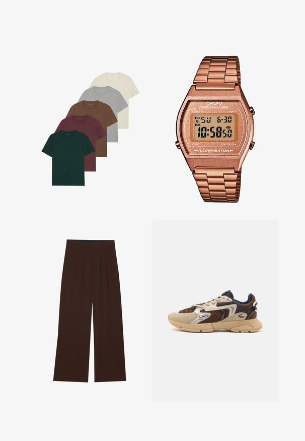 Päť tričiek s okrúhlym výstrihom v rôznych farbách: tmavozelená, burgundská, hnedá, svetlosivá a krémová; všetky majú krátke rukávy a hladkú textúru.; Hnedé nohavice s širokými nohavicami a plisovaním. Vyrobené z hladkej látky, s upraveným pásom a bočnými vreckami. Rovný lem na spodnej časti.; Béžové a hnedé tenisky s textúrovanými sieťovinovými panelmi, semišovými akcentmi a gumovou podrážkou. Obsahujú šnurovací dizajn a značkovú grafiku.; Digitálne hodinky Casio s kovovým remienkom v ružovom zlate, obdĺžnikovým puzdrom, osvetleným displejom a vodoodolnosťou, zobrazuje čas a dátum.