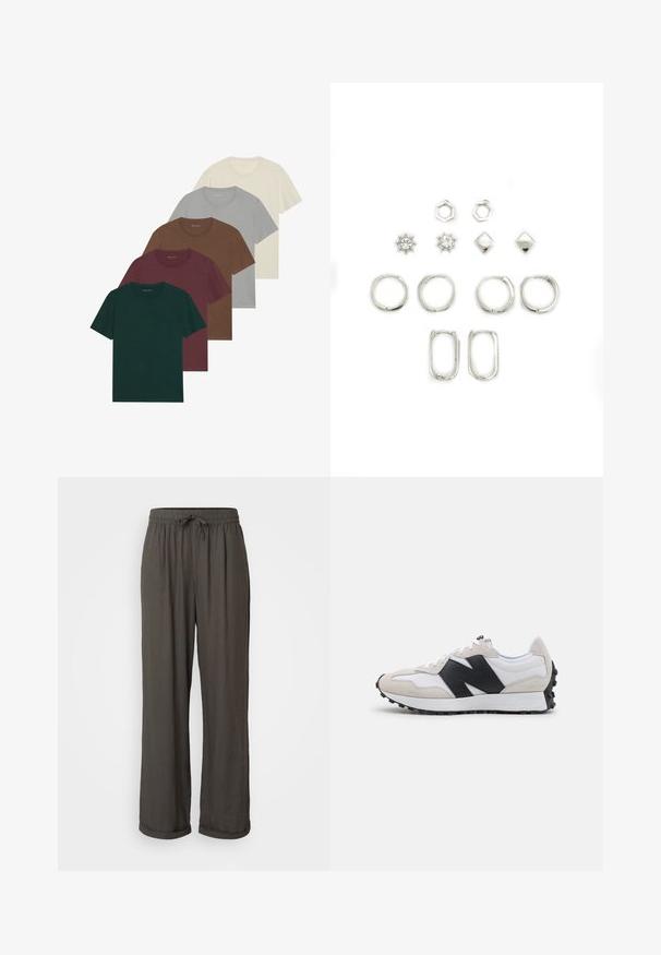 Five crew neck t-shirts in various colors: dark green, burgundy, brown, light gray, and cream; all feature short sleeves and a smooth texture.; Dark gray wide-leg pants with a drawstring waist, made of a soft, textured fabric, featuring rolled cuffs at the ankles.; Classic running shoes in grey, black, and white. Suede and mesh upper, textured black rubber sole, and prominent logo accent on the side.; Set of silver earrings featuring various shapes: hoops, hexagons, diamonds, and sun designs, some with clear crystals, smooth texture.