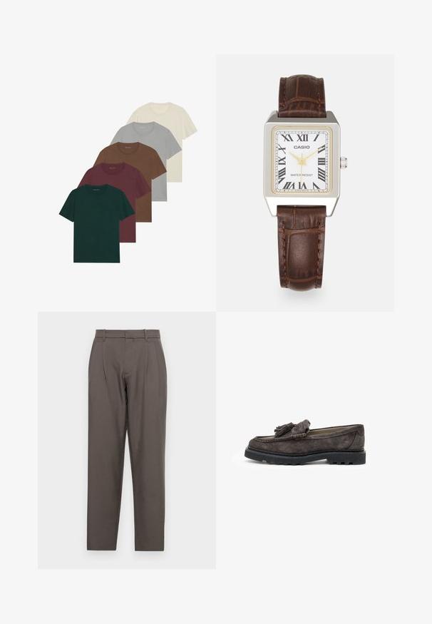 Fem crew neck t-shirts i olika färger: mörkgrön, burgunder, brun, ljusgrå och kräm; alla har korta ärmar och en slät textur.; Jack & Jones JPSTBILL JJDAYTONA WIDE - Tygbyxor - pavement; Mörkgrå mocka loafers med en framskjutande tofsdetalj, platt gummisula och kontrasterande sömmar längs kanten.; Casio rektangulär klocka med vit urtavla, guldaccent, romerska siffror och armband av läder med krokodilsmönster i brunt. Vattentålig design.
