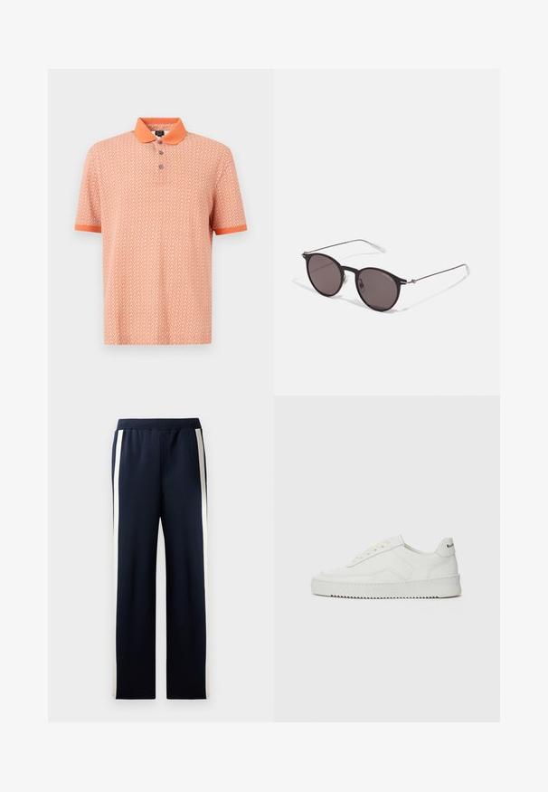 Polo tričko s krátkym rukávom v oranžovej farbe, s geometrickým vzorom a kontrastným golierom. Trojkové zapínanie a jednoliate manžety.; Námornícke teplákové nohavice s širokým strihom, s vertikálnymi krémovými pruhmi po stranách. Vyrobené z mäkkého, textúrovaného materiálu s elastickým pásom.; Biele kožené tenisky s hladkým povrchom, okrúly špičkový dizajn, ploché šnúrky a textúrovaná podrážka. Obsahujú jemné logo na päte.; Čierne okrúhle slnečné okuliare s tmavými sklami a tenkými kovovými ramenami. Obsahujú priehľadné konce rámov a strieborné akcenty na pántoch. Minimalistický dizajn.