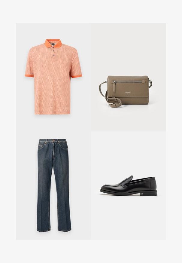 Korte mouwen polo shirt in oranje, met een geometrisch patroon en een contrasterende kraag. Drieknopen-sluiting en effen manchetten.; Donkerblauwe rechte spijkerbroek met een knoopsluiting aan de voorkant, rits, dubbele voorzakken en zichtbare verticale plooien langs de benen.; Zwarte leren instappers met een gladde textuur, ronde neus en een decoratieve band over de wreef. Lage, gestapelde hak en minimalistisch ontwerp.; Taupe leren schoudertas met een ritsvak aan de voorkant, verstelbare band, geribbeld textuur en een verdiept logo aan de voorkant.