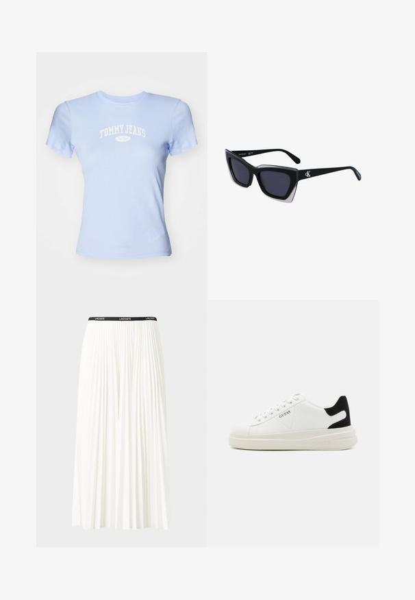 Gaiši zilas ribotas īsām piedurknēm T-krekls ar baltu "TOMMY JEANS" logo krūšu daļā un pieguļošu dizainu.; Gari plānas baltas svārku ar melnu elastīgu jostu, uz kuras redzams "LACOSTE" logo. Vidēja garuma dizains ar mīkstu tekstūru.; Baltas ādas sporta apavi ar biezu balto zoli, melna zamša uzpura un izspiestais logotips sānos. Šņorējuma dizains ar sešiem acu caurumiem.; Melni pārmēru saulesbrilles ar ģeometrisku formu, kas aprīkotas ar tumšiem stikliem un kontrastējošu pelēku akcentu uz rāmja. Logo uz kājas.