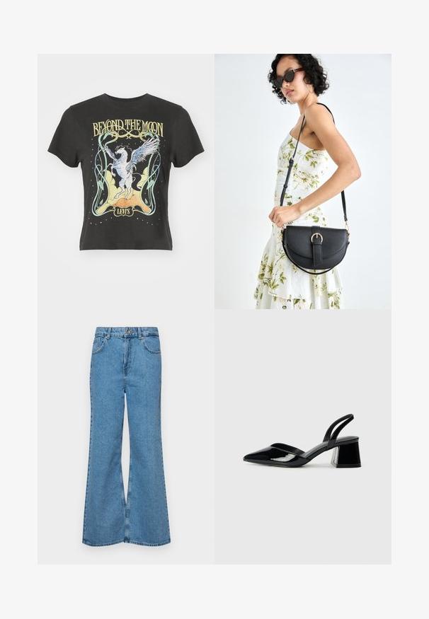 Levi's® GRAPHIC CLASSIC TEE - Print T-shirt - pirate black; Light blue flared jeans made of denim, featuring a high waist, five pockets, and a single button closure. Soft texture with faded finish.; Black patent leather slingback heels with a pointed toe and a geometric block heel. Features a sleek, minimal design and smooth texture.; Black leather handbag with a curved shape, detachable strap, and gold hardware. The bag features a flap with a buckle detail.