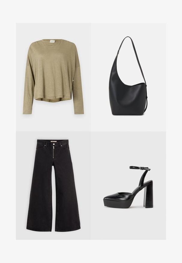 T-shirt de manga longa verde azeitona com um corte descontraído, decote redondo e tecido suave e leve, apresentando fendas laterais na bainha.; Calças de ganga de perna larga em denim preto com fecho éclair à frente, design de cinco bolsos e detalhes de costura subtil. Textura suave e estilo casual.; Saltos altos pretos com bico fino e atilho ajustável no tornozelo. Confeccionados em couro suave, apresentam um salto bloco robusto.; Saco hobo preto em pele com uma textura lisa, forma curva e uma única alça ajustável; apresenta uma abertura larga na parte de cima.