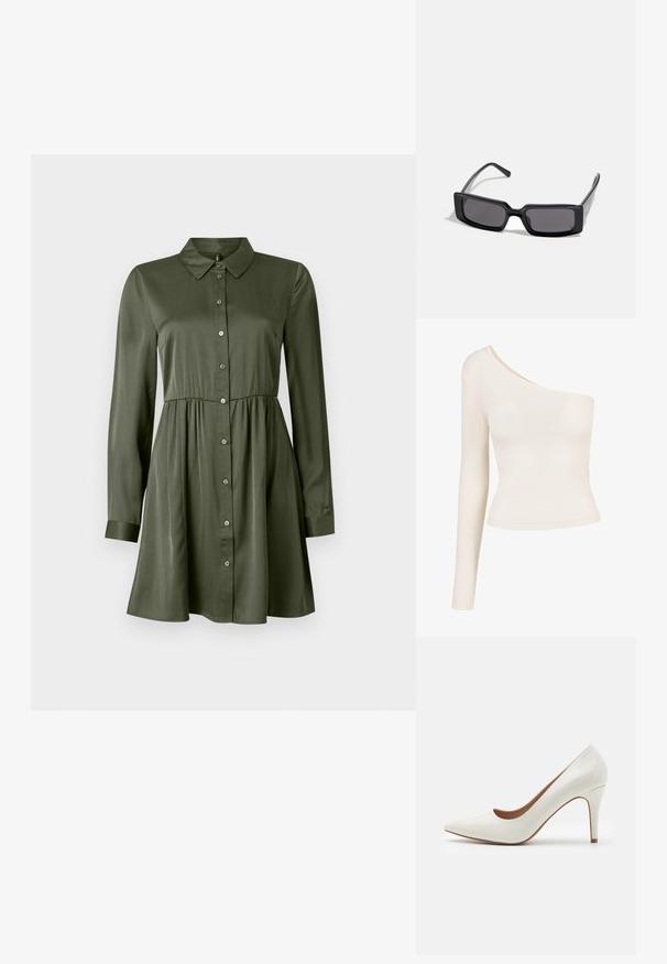 Langermet topp i lysebeige med ett skulderutskjæring. Glatt, elastisk stoff; tettsittende design fremhever silhuetten. Ingen mønstre eller pynt.; Langermet olivengrønn skjorte-kjole med innsvingt midje og krage, lett utsvingt skjørt og mannskap med mansjetter.; Hvit patentlær høyhælte sko med spiss tå og en glatt overflate, med en slank hæl og en lav utskjæring rundt åpningen.; Sorte solbriller med rektangulært ramme, mørke linser og glatt, blank overflate. Har tynne stenger med diskret merking på siden.; Michael Kors håndleddsveske i beige belagt kanvas med et gjentakende MK-logo mønster, gullfarget maskinvare og en avtakbar kjede-rem.; Gullmetalliske øredobber med bølgete design; glatt, reflekterende overflate; asymmetrisk form; ingen synlige mønstre eller hardware.