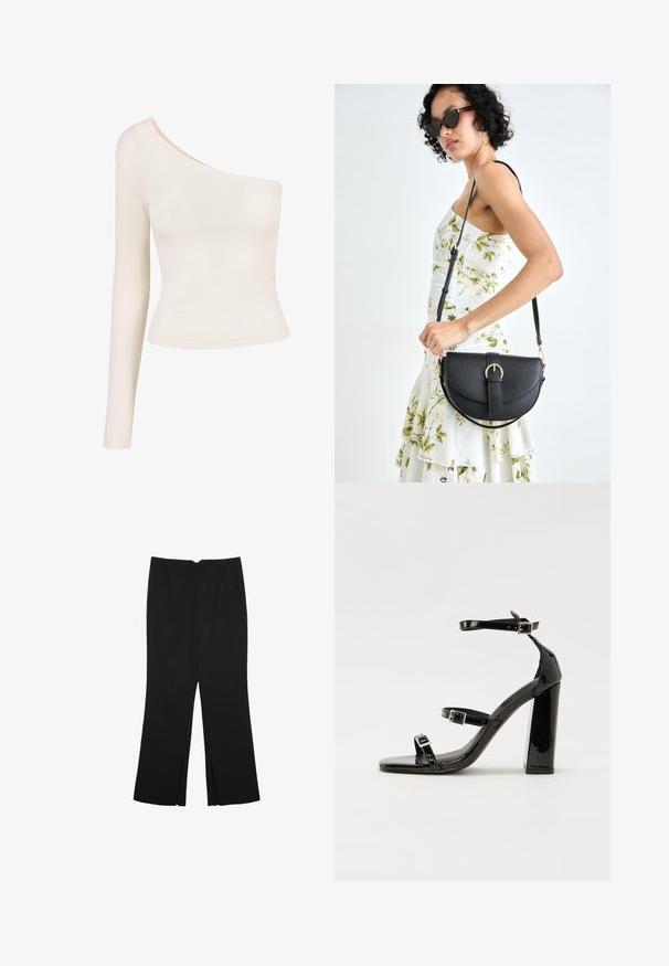 Langarmoberteil in hellbeige mit einem Schulter-Ausschnitt. Glattes, dehnbares Material; die taillierte Passform betont die Silhouette. Keine Muster oder Verzierungen.; Schwarze Hose mit geradem Schnitt, ausgestattet mit Fronttaschen und Seitenschlitzen am Saum. Hergestellt aus weichem, glattem Stoff. Geeignet für verschiedene Anlässe.; Schwarze patentierte Sandalen mit Absatz, quadratischer Spitze, Knöchelriemen und silbernen Schnallen. Mit einem stabilen Blockabsatz für mehr Stabilität.; Schwarze Lederhandtasche mit geschwungener Form, abnehmbarem Tragegurt und goldenen Beschlägen. Die Tasche verfügt über einen Deckel mit einer Schnallen-Details.