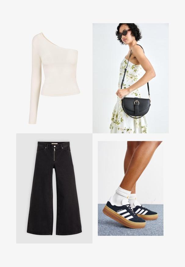 Kergelt beež puseroiga pikkade varrukatega, millel on ühe õla lõikeauk. Sile ja veniv kangas; vormiv disain rõhutab siluetti. Ilma mustrite ja kaunistusteta.; Laiad teksad mustast denimist, millel on lukuga eesmine osa, viie taskuga disain ja peened õmblusdetailid. Sile tekstuur ja juhuslik stiil.; Mustad seemisnahast tossud valgete triipude ja detailidega, ümarate varbassosadega, kummist välistallaga, paaritatud valgete soonikuliste meessokkidega.; Mustmust mustraha kõverate joontega, eemaldatava rihmaga ja kuldsete detailidega. Kotil on klapp, millel on pandladetail.