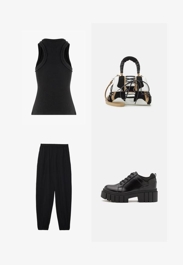 Zwarte geribbelde tanktop met een aansluitend ontwerp, voorzien van brede schouderbanden en een ronde halslijn, gemaakt van een rekbare stof.; Zwarte, lichte broek met een elastische tailleband en gathered enkels. De stof is glad en heeft een ontspannen, taps toelopend ontwerp.; Zwarte leren platform schoenen met een stevige blokhak, ronde neus en een traditionele vetersluiting. Kenmerkt zich door een gladde textuur en minimale details.; Multikleuren handtas met zwart, wit en beige gaas. Voorzien van een textuur handle, vetersluiting en een afneembare schouderband.