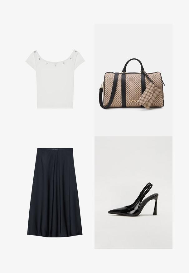 White short-sleeve top with a ribbed texture and a wide neckline, featuring five silver metal grommets along the front edge.; Black, knee-length skirt made of lightweight fabric with a flowy design. Features a smooth texture and subtle pleats for added detail.; Black patent leather slingback pump with pointed toe, slender high heel, and dual elastic strap for secure fit. Smooth, shiny surface.; Duffle bag with a beige patterned exterior, black leather straps, gold hardware, and a small matching pouch attached. Structured design.; Gold-tone rectangular wristwatch with a white dial, silver-tone hour markers, and a durable metal link bracelet. Water-resistant feature included.