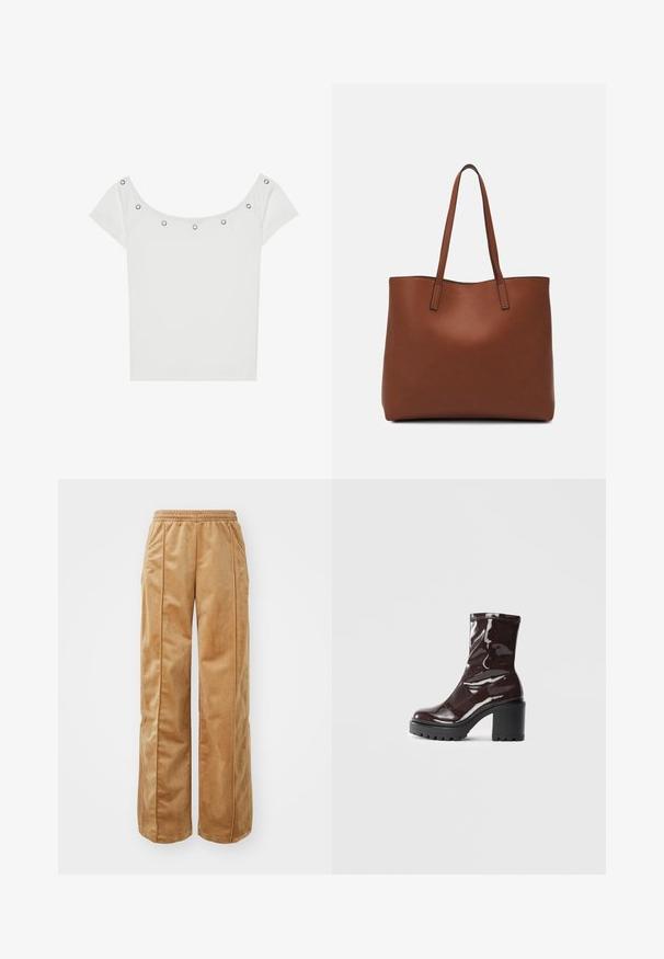 T-shirt branco de manga curta com textura canelada e decote amplo, apresentando cinco ilhós metálicos prateados ao longo da borda frontal.; Calças largas em tom bege feitas de um material suave e aveludado. Apresentam uma cintura elástica e costuras verticais na frente para um detalhe adicional.; Bota de tornozelo burgundy brilhante com um salto preto robusto, apresentando uma textura suave e um design simples. Sem fechos ou padrões visíveis.; Bolsa tote de couro castanho com uma textura suave, design de abertura superior e duas alças para o ombro. Apresenta costura mínima e sem hardware visível.
