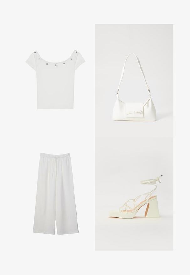 Hvid kortærmet top med ribbet tekstur og bred udskæring, der har fem sølvmetal øjer langs den forreste kant.; Hvide vidde bukser lavet af letvægtsstof, med en elastisk talje og snøre for justerbar pasform. Glat tekstur.; Hvide højhælede sandaler med en kraftig hæl, der har et stropdesign og ankelbinding. Glat tekstur med en platform foran for ekstra højde.; Hvid syntetisk håndtaske med en trekantet form, flad forsideklap og sløjfedetalje, justerbar strop, glat tekstur og minimalistisk design.