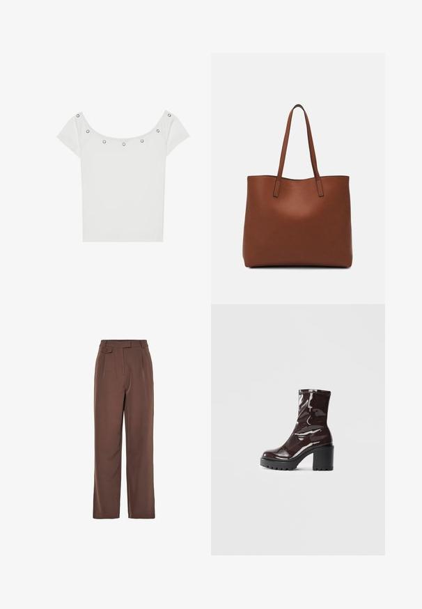 White short-sleeve top with a ribbed texture and a wide neckline, featuring five silver metal grommets along the front edge.; Brown woven wide-leg trousers with a high waistband, front pleats, and a button detail. Smooth texture with a tailored design.; Glossy burgundy ankle boot with a chunky black heel, featuring a smooth texture and simple design. No visible fastenings or patterns.; Brown leather tote bag with a smooth texture, open top design, and two shoulder straps. Features minimal stitching and no visible hardware.