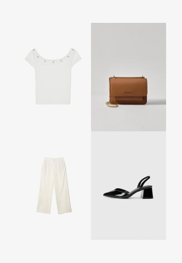 Biely krátky rukáv s rebrovanou textúrou a širokým výstrihom, ktorý má na prednej hrane päť strieborných kovových dierok.; Široké nohavice z krémovej látky s hladkou textúrou, s jedným predným gombíkom, jemnými skladmi a vysokým pásom.; Čierne lakované kožené sandálové podpätky s špicatou špičkou a geometrickým blokovým podpätkom. Disponujú elegantným, minimalistickým dizajnom a hladkým povrchom.; Hnedá textúrovaná kožená taška cez telo s zlatým reťazovým popruhom a preklopným uzáverom. Predná strana obsahuje detail s logom a vrecko pod preklopkou.