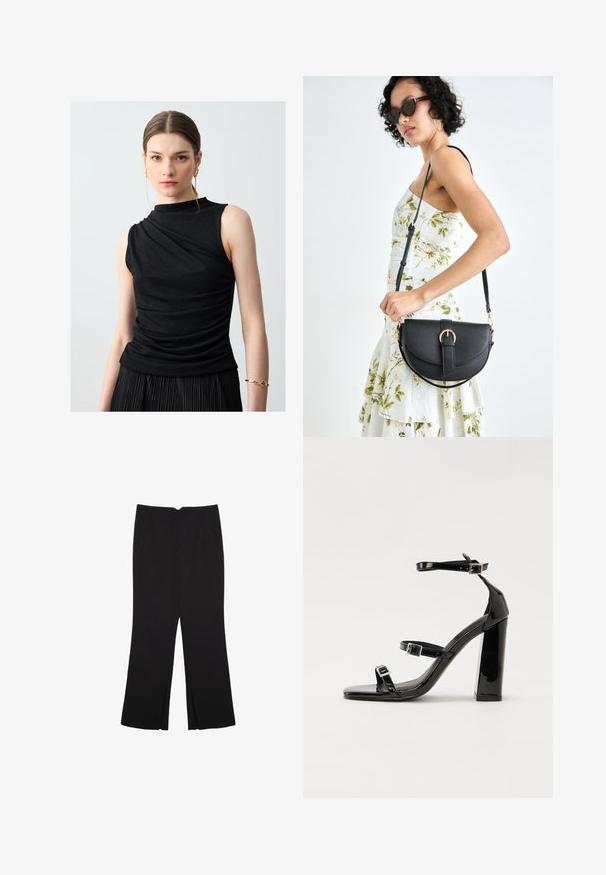 Zwarte mouwloze top met een neklijn in een schijnhals. Heeft een geschulpte textuur aan de zijkant en een slim fit, gecombineerd met een geplisseerde zwarte rok.; Zwarte broek met een rechte pasvorm, voorzien van zijzakken en plooien aan de onderzijde. Gemaakt van zachte, gladde stof. Geschikt voor verschillende gelegenheden.; Zwarte gepatenteerde sandalen met hak en een vierkante neus, enkelbandjes en zilveren gespen. Heeft een stevige blokhak voor stabiliteit.; Zwarte leren handtas met een gebogen vorm, afneembare schouderband en gouden hardware. De tas heeft een klep met een gespsluiting.