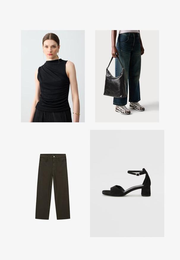 Zwarte mouwloze top met een neklijn in een schijnhals. Heeft een geschulpte textuur aan de zijkant en een slim fit, gecombineerd met een geplisseerde zwarte rok.; Donkergroene wijde jeans van een katoenmix, met een sluiting met een voorste knop, vijf zakken en klassieke denimstiksels.; Zwarte suede hakken met een dunne enkelband, open teen ontwerp en een bescheiden blokhak. Zachte textuur en minimale accenten.; Zwarte leren schoudertas met een gladde textuur en een verstelbare strap, gecombineerd met vervaagde wijde jeans en sportieve sneakers.