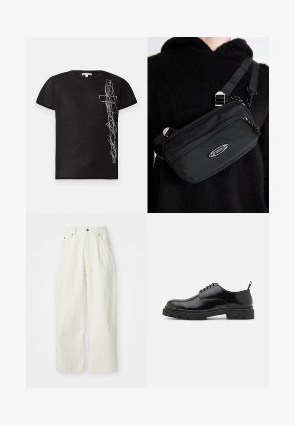 Svart T-skjorte med korte ermer laget av mykt stoff, med hvit brodert grafikk av et kors og stilisert tekst på venstre side.; Hvite vide bukser laget av bomull, med høy midje, fem lommer og metallknapplukking. Glatt tekstur med minimalistisk design.; Sorte lær lace-up sko med rund tå, glat overflade og rillet gummisål. Har en lille hæl og en pull-tab bagpå.; Svart nylon crossover-veske med justerbar stropp, med en jevn tekstur, en frontlomme med glidelås, og en logo-detalj.