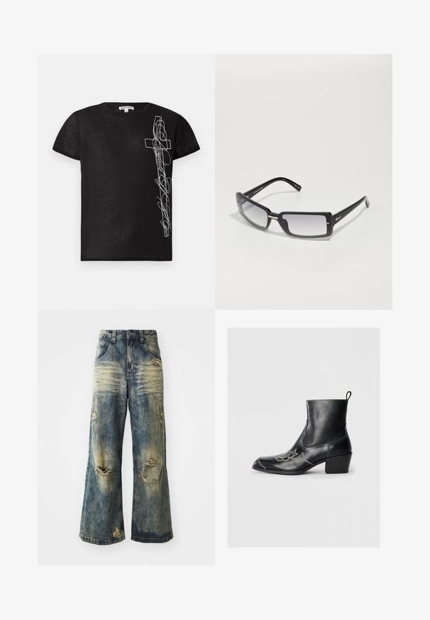 Czarna, krótko rękawowa koszulka z miękkiego materiału, z białym haftowanym wzorem krzyża i stylizowanym tekstem po lewej stronie.; Wyblakłe niebieskie dżinsy z szerokimi nogawkami, z przetarciami i postrzępionym dołem. Posiadają tradycyjny pięciopocketowy krój oraz paski do paska w talii.; Czarne skórzane botki za kostkę z kwadratowym noskiem, dekoracyjnym przeszyciem i niskim obcasem blokowym. Posiadają pętelkę do łatwego zakładania.; Czarne prostokątne okulary przeciwsłoneczne z gradientowym szkłem, z grubą oprawką i metalowymi detalami na zausznikach. Gładka tekstura na całej powierzchni.