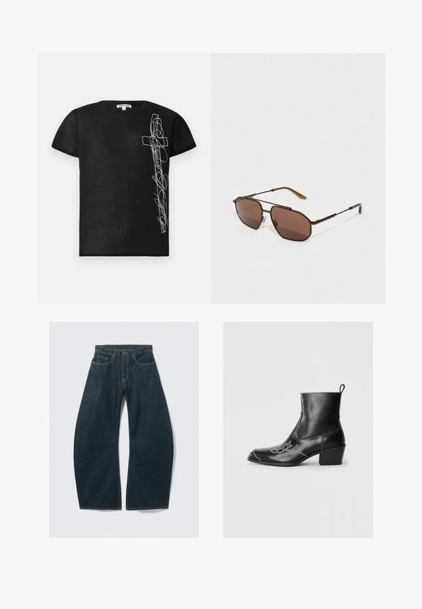 Svart T-shirt med kort ärm i mjukt tyg, med vit broderad grafik av ett kors och stiliserad text på vänster sida.; Mörkblå jeans med vida ben i denim, med fem fickor, synliga sömmar, knappstängning och en ren finish.; Svarta läderankelstövlar med fyrkantig tå, dekorativ sömnad och låg blockklack. Utrustad med en dragrem för enkel påtagning.; Bruna oktagonala solglasögon med en tunn svart metallram, accentuerad av bruna skalmar. Mörkt tonade linser ger UV-skydd.