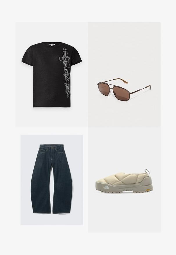 Black short-sleeve T-shirt made of soft fabric, featuring white embroidered graphic of a cross and stylized text on the left side.; Dark blue wide-leg jeans made from denim, featuring five pockets, visible stitching, a button closure, and a clean finish.; Quilted beige slip-on shoe with gray Vibram sole, rounded shape, and rear loop. Features logo on side and textured upper surface.; Brown octagonal sunglasses with a thin black metal frame, accented by brown temples. Dark tinted lenses provide UV protection.