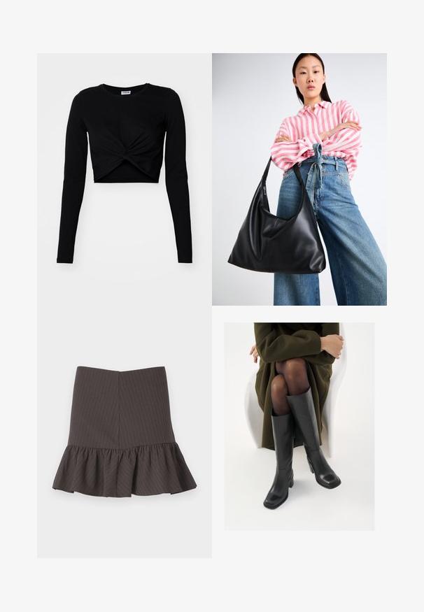 Top preto cropped de manga longa feito de tecido suave, com um design frontal torcido e decote redondo, com mangas ajustadas.; Saia evasé em cinza escuro com barra franzida, apresentando finas riscas verticais e uma cintura ajustada. Feita de um tecido texturizado.; Botas de couro pretas até ao joelho com biqueira quadrada e salto em bloco, apresentadas com um modelo sentado num casaco verde-azeitona. Textura lisa, com detalhes mínimos.; Bolsa de ombro em couro preto com uma forma descontraída e detalhes costurados. O modelo usa uma camisa listrada em rosa e branco com jeans de perna larga azul.