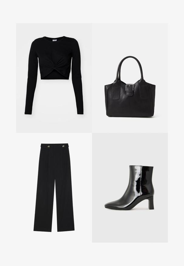 Svart cropped langermet topp laget av mykt stoff, med et vridd frontdesign og rund hals, samt stramme ermer.; Svart vide bukser med høy midje, knappdetaljer på midjebåndet og frontplisser.; Sorte patentlær ankle boot med spiss tå og en mellomhøy blokkhelt. Glatt tekstur og minimalistisk design.; Svart skinn toteveske med jevn tekstur, strukturert form, to håndtak og en fremtredende sølvspenne foran.