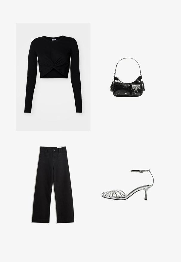 Černý zkrácený top s dlouhým rukávem vyrobený z jemné látky, s designem zkrouceného předního dílu a kulatým výstřihem, s přiléhavými rukávy.; Černé denimové kalhoty s volným střihem a vysokým pasem, vybavené předními a zadními kapsami, prošívanými švy a knoflíkovým zapínáním. Hladká textura.; Stříbrné sandály na tenkém podpatku s nízkým podpatkem, které mají více křížících se pásků, pásek kolem kotníku s sponou a hladký, lesklý povrch.; Černá lakovaná kožená kabelka s křivkovým tvarem, jedním ramenním popruhem, předními kapsami a stříbrnými kovovými detaily.
