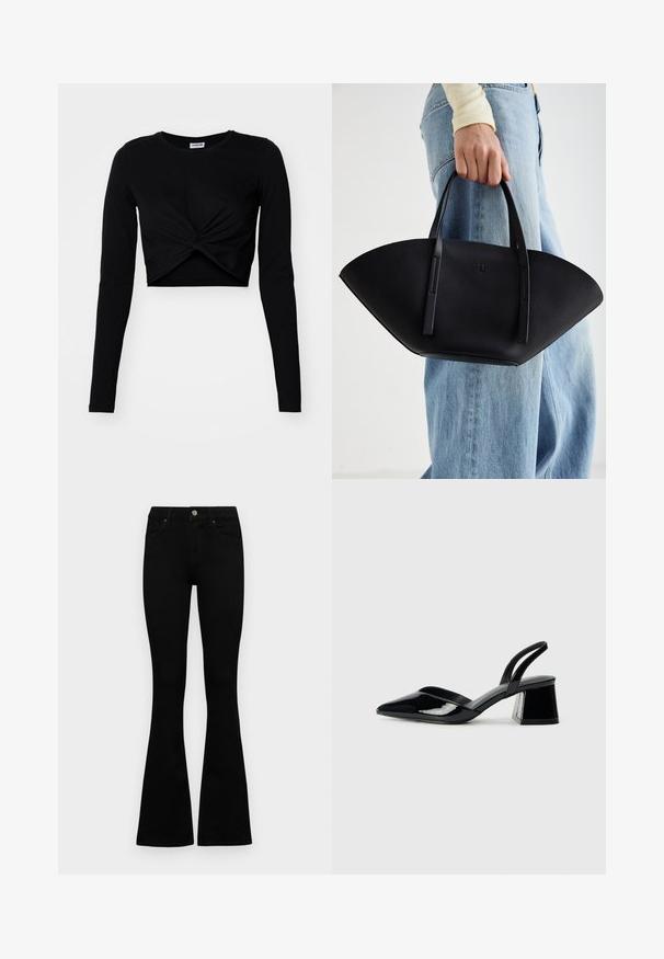 Svart cropped langermet topp laget av mykt stoff, med et vridd frontdesign og rund hals, samt stramme ermer.; Sorte høytlivsjeans med knapp og glidelås, frontlommer og utsvingte bein liggende flatt på en hvit bakgrunn.; Svarte patentlær slingback hæler med spiss tå og geometrisk blokk hæl. Har et stilrent, minimalistisk design og jevn tekstur.; Svart skinnveske med en unik vifteform, med flate håndtak. Overflaten har en pebblelignende tekstur og et minimalistisk design.