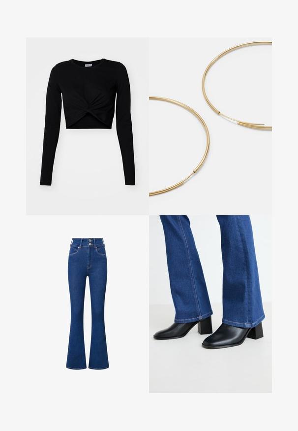 Juodas trumpo kirpimo ilgomis rankovėmis apatinis drabužis, pagamintas iš minkštos medžiagos, su sukta priekyje ir apvaliu iškirpimu, turintis prigludusias rankoves.; Aukštos liemenės pločio džinsai tamsiai mėlynos spalvos. Su dviem užsegimais, priekinėmis kišenėmis ir subtiliais siuvimo akcentais pakraščiuose.; Juodos odinės kulkšninių botai su kvadratuoju pirštu ir blokuota pakulne, derinami su mėlynomis džinsinėmis plėšytomis kelnėmis, kurių galai siuvinėti kontrastinga siūle.; Aukso spalvos žiedo auskarai, ploni ir apvalūs, su lygiu metaliniu paviršiumi be papuošimų ar raštų.