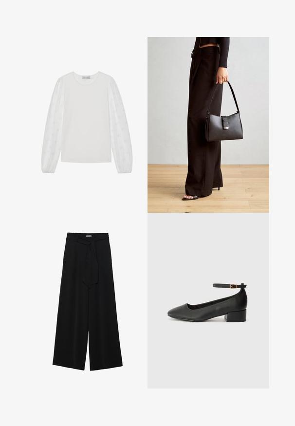 Valge pika varrukaga topp ühevärvilise keha ja õhukeste puudrite varrukatega, millel on täppide muster. Ümar kaelus, varrukate mansetid, pehme tekstuur.; Mustad laiad püksid, millel on tekstureeritud kangas, elastne vöökoht ja eemaldatav pael vööst, et reguleerida sobivust.; Must mustaapp, millel on terav nina ja madal blokk-kand. Omab pahkluu rihma koos kuldse tooni pandlaga. Sile tekstuur.; Must musta kott, millel on struktureeritud kuju, sile tekstuur ja metallist klamber. Kombineeritud laiate mustade pükstega ja avatud varvaste sandaalidega puidust põrandal.