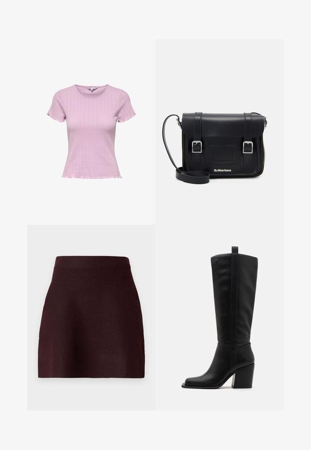 Lys rosa strikket kortermet topp med en tettsittende fasong, ribbet tekstur og bølget nederste kant. Subtile mønstrede detaljer fremhever designet.; Burgunderfarget mini skjørt med en tilpasset midje, glatt tekstur og en utsvingt silhuett. Enkelt design uten mønstre eller metall detaljer.; Sorte lærkne-høye støvler med firkantet tå, smal hæl og en vertikal sømdetalj langs den ytre skaftet. Glatt tekstur.; Svart lær messenger-veske med sølvspenner, gul søm, justerbar stropp og en frontlomme. Merkevaren er vist på forsiden.