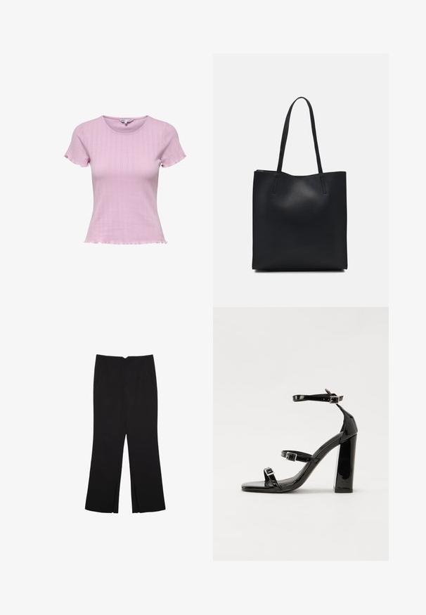 Svetloružový pletený top s krátkym rukávom, priliehavého strihu, rebrovanou textúrou a vlnitým lemom. Jemné vzorové detaily zvyšujú dizajn.; Čierne nohavice so strihom rovného strihu, s prednými vreckami a bočnými rozparkami na leme. Vyrobené z mäkkej, hladkej tkaniny. Vhodné na rôzne príležitosti.; Čierne lakované sandále na podpätku so štvorcovou špičkou, navlečenými remienkami okolo členku a striebornými prackami. Disponujú masívnym blokovým podpätkom pre stabilitu.; Čierna kožená taška na rameno s hladkým povrchom, obdĺžnikovým tvarom a dvoma dlhými uchami. Bez viditeľného kovania alebo ozdôb.
