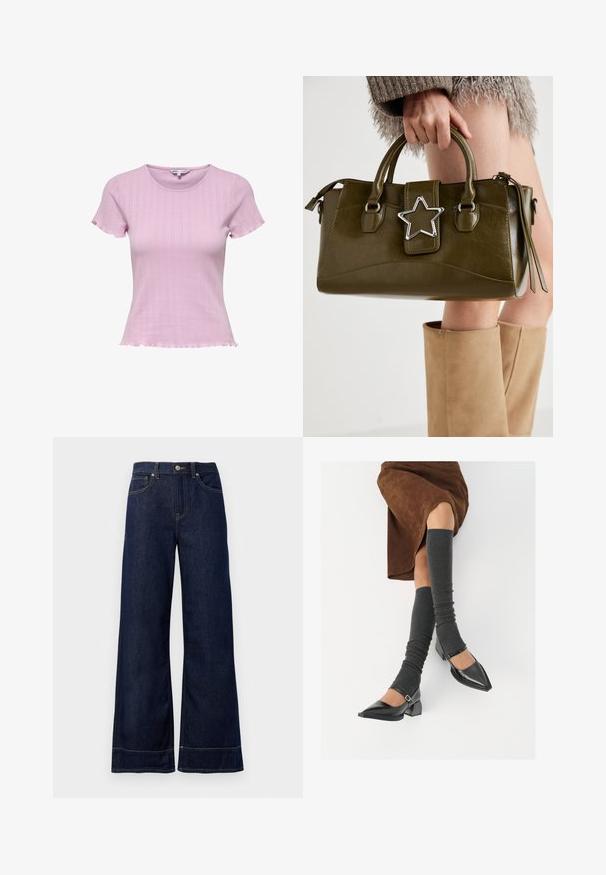 Top scurt de culoare roz deschis, tricotat, cu croială ajustată, textură listrată și tiv ondulat. Detalii subtile cu model îmbunătățesc designul.; Jeans din denim, de culoare albastru închis, cu croială largă. Include un sistem de închidere cu nasture, detalii de cusătură și buzunare laterale. Bază evazată.; Pantofi negri din piele lacuită, cu vârful ascuțit, toc bloc și curea la glezna, asortați cu jambiere gri cu nervuri și o fustă din suede maro.; Geantă din piele ecologică de culoare verde măslin, cu accent din stea argintie, două mânere și închidere cu fermoar. Suprafață texturată și formă structurată.