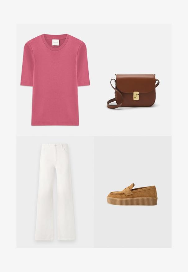 Short-sleeve T-shirt in soft pink cotton with a crew neckline. Features stitching details at the edges and a straight cut.; White, high-waisted wide-leg jeans made of denim. Features a button closure, two front pockets, and side seams with stitching details.; Brown suede loafer with a round toe, featuring a ribbed platform sole and a decorative strap across the upper.; Brown leather handbag with a flap closure, gold-tone hardware, a shoulder strap, and a smooth texture. Compact rectangular shape.