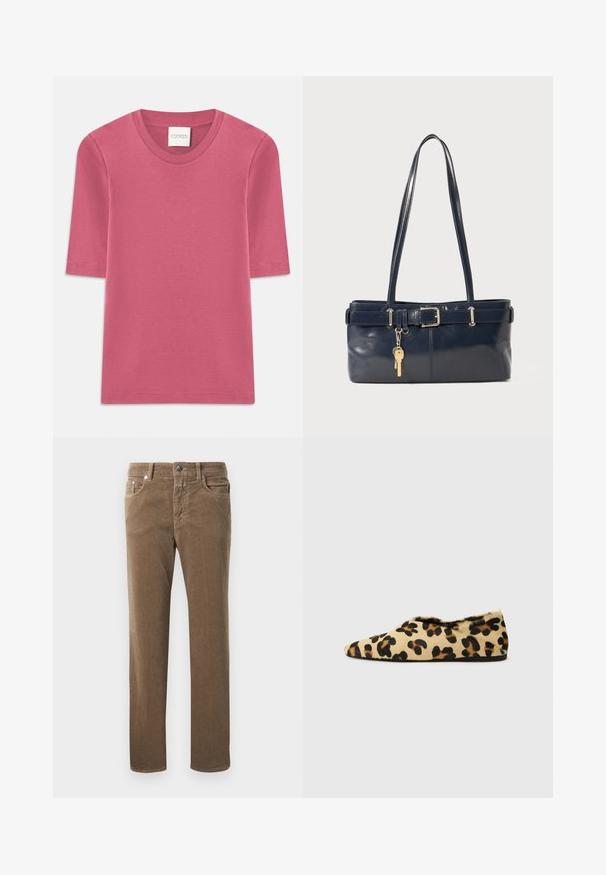 T-shirt de manga curta em algodão cor de rosa suave com decote redondo. Apresenta detalhes de costura nas bordas e corte reto.; Calças de corduroy castanhas de perna reta, com bolsos frontais, passantes para cinto e fecho de botão em fundo branco.; Sapatos planos com padrão de leopardo, feitos de pelagem macia, apresentando um design de ponta fina e perfil baixo. Tons naturais com destaques em preto.; Bolsa de couro azul-marinho com duas alças longas, um detalhe de fivela e um porta-chaves anexado. Apresenta uma textura suave e uma forma retangular.