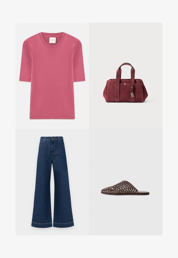 Short-sleeve T-shirt in soft pink cotton with a crew neckline. Features stitching details at the edges and a straight cut.; Wide-leg blue denim jeans with a high waist, featuring a button closure, belt loops, and subtle stitching details along the pockets and hems.; Brown woven slide sandal with a rounded toe, open design, flat sole, and textured surface. Lightweight material and minimalist silhouette.; Burgundy suede handbag with two top handles, zippered closure, front pocket, and metal charm accent. Rectangular shape with soft texture.