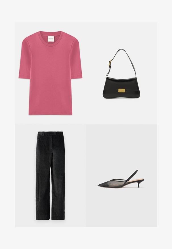 T-shirt de manga curta em algodão cor de rosa suave com decote redondo. Apresenta detalhes de costura nas bordas e corte reto.; Calças largas pretas, texturizadas, com um padrão de tecido pronunciado, apresentando pregas frontais e uma cintura plana. Design clássico para versatilidade.; NEOUS IRENA - Saltos clássicos - black; Mala de couro preta com um design curvado, placa em ouro com o logotipo como detalhe e uma alça de ombro fina. Textura suave com um acabamento elegante.