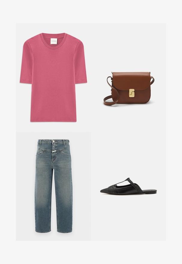 Trumpomis rankovėmis marškinėliai iš minkštos rožinės medvilnės su apvalia iškirpte. Kraštuose siuvimo detalės ir tiesus pjūvis.; CLOSED STOVER X - Siaurėjantys džinsai - mid blue; Juodos odinės slingback bateliai su smailiu pirštu, turintys audinį akcentą ir raukšlėtą viršutinį dizainą. Lygus padas su minimaliais aksesuarais.; Ruda odinė rankinė su uždaromu dangteliu, aukso spalvos detalėmis, petneša ir lygiu paviršiumi. Kompaktiška stačiakampio formos.