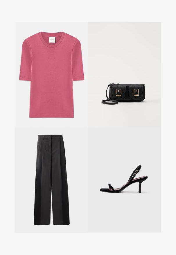 Lühikeste varrukatega T-särk pehmest roosast puuvillast, ümara kaelusega. Äärte juures on õmbluse detailid ja sirge lõige.; Mustad laiad püksid kõrge vöökohaga, millel on ees voldid, sile tekstuur ja õmmeldud viimistlus. Kujundatud lõdva istuvuse saavutamiseks.; Mustmust naiste kõrge kontsaga sandaalid mustast nahast kitsaste rihmadega ja kullavärvi pandlaga valgel taustal, külgvaade.; Must küllastamata nahast õlakott, millel on kaks esist nähtavat taskut, kuldsed pandlad, tõmblukuga sulgemine ja peen rihm. Tekstuuriga pind ja kompaktne ristkülikukujuline kuju.
