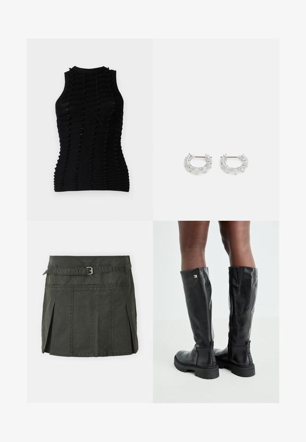 Fekete kötött ujjatlan felső, kiemelkedő csíkos textúrával és magas nyakkivágással, amely hangsúlyozza a testhezálló fazont.; Sötétzöld, pamut mini szoknya, formázott derékkal, övvel és elülső pliszékkel. Varrott részletekkel és klasszikus szabással rendelkezik.; Fekete, térd fölé érő bőr csizmák sima textúrával, lekerekített orral, vastag talppal és cipzáras záródással. Ezüst színű logó található az oldalon.; Ezüst karika fülbevalók, átlátszó, téglalap és háromszög alakú kristályokkal, mintás elrendezésben. Biztonságos rögzítést biztosító fülbevaló pálcikák.