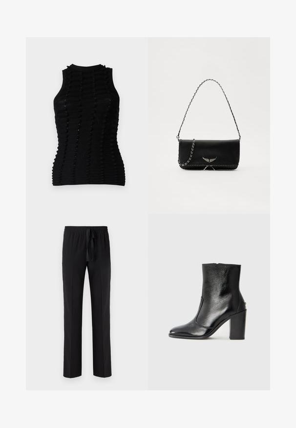 Black knit sleeveless top featuring a textured design with raised stripes and a high neckline, emphasizing a fitted silhouette.; Black trousers with an elastic waistband and adjustable drawstring, featuring a straight leg design and smooth texture. No patterns or accents.; Black leather ankle boot with a smooth texture, pointed toe, and a chunky high heel. Features a side opening and minimalistic design.; Black leather handbag with a silver chain strap, featuring decorative wing accents and white stitching along the bottom seam.